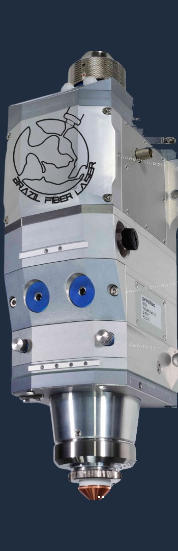 Cabeçote de corte a laser de fibra, visto de lado, com as peças de reposição indicadas ao lado