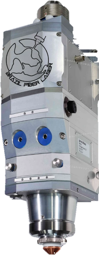 Cabeçote de corte a laser de fibra, visto de lado, com as peças de reposição indicadas ao lado